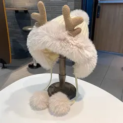 2024 nuovo cappello inverno adorabile corno palla di pelliccia protezione dell'orecchio cappello di peluche natale