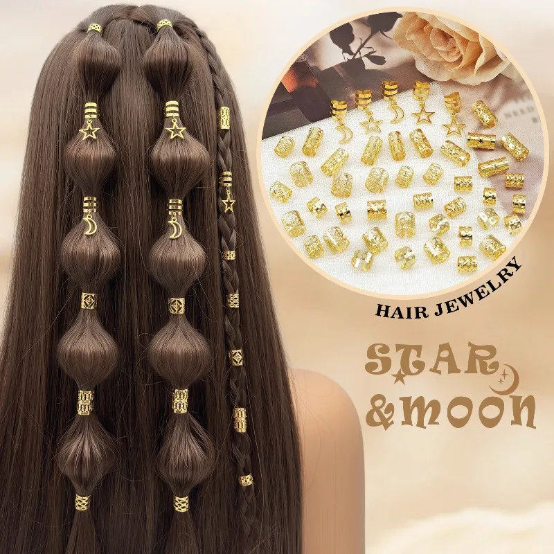 

45PCS Gold Celestial Charm Hair Cuffs for Dreadlocks Star Moon Hollow Design Metal Braid Rings Rustproof DIY Party Hairstyle