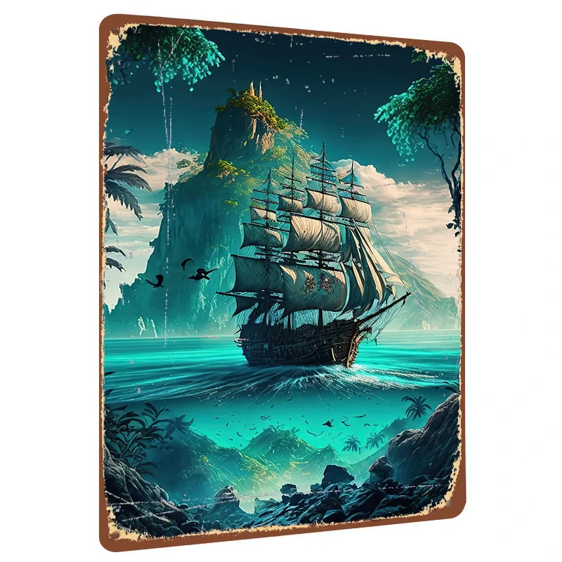 Vintage Caribbean Pirate Ship Metal Wall Art Nautical Ocean Sailing Decor for Living Room Bar
