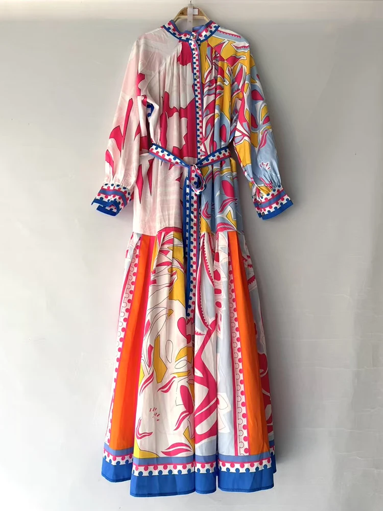 Retro-Kleid mit geometrischem Muster, Stehkragen, Taillenbindung, langes Frühlingskleid, Damen-Hemdkleid, modisch, locker, Übergröße, geraffter Tüllrock