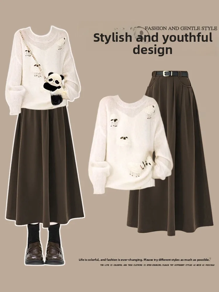 

Elegant plus Size Knitted Sweater And High Waist Skirt Two Piece Set for Women Korean Style Ageless Fashion Autumn Winter