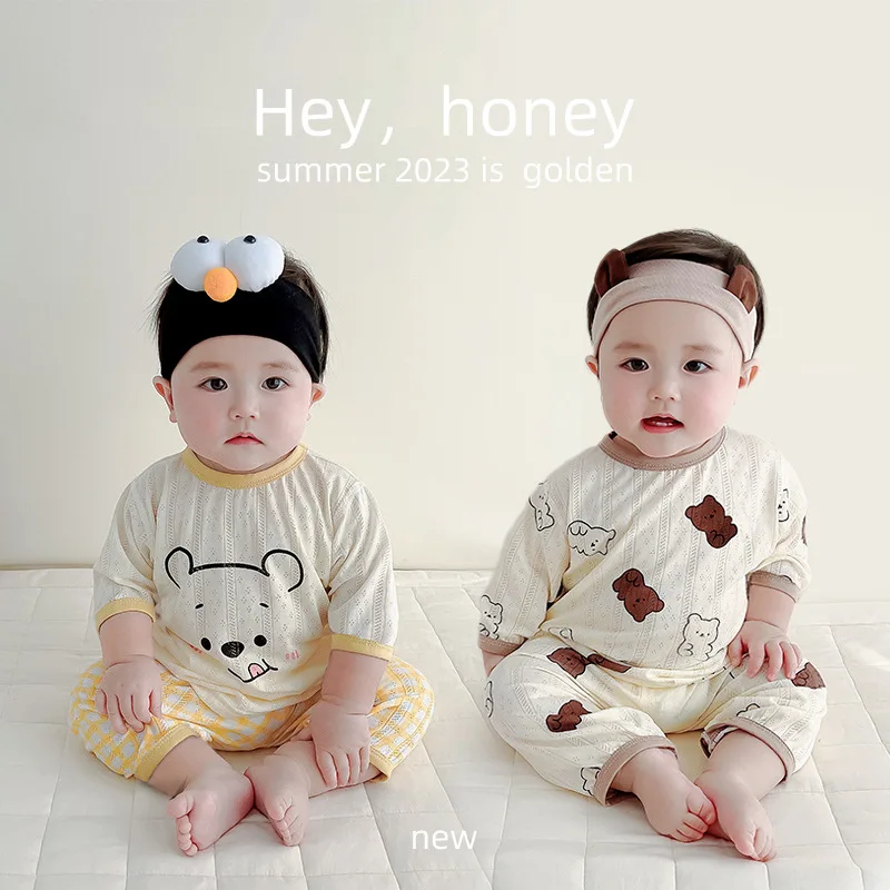 

2023 Korean Baby Boy Girl Pajamas Summer Thin Breathable Two Pieces Cartoon Printed Home Wear Toddler Sleepwear Children Clothes