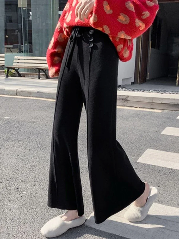 Pantaloni da donna autunnali Pantaloni a gamba larga in maglia oversize in vita elastica Pantaloni dritti coreani casual larghi larghi per le donne