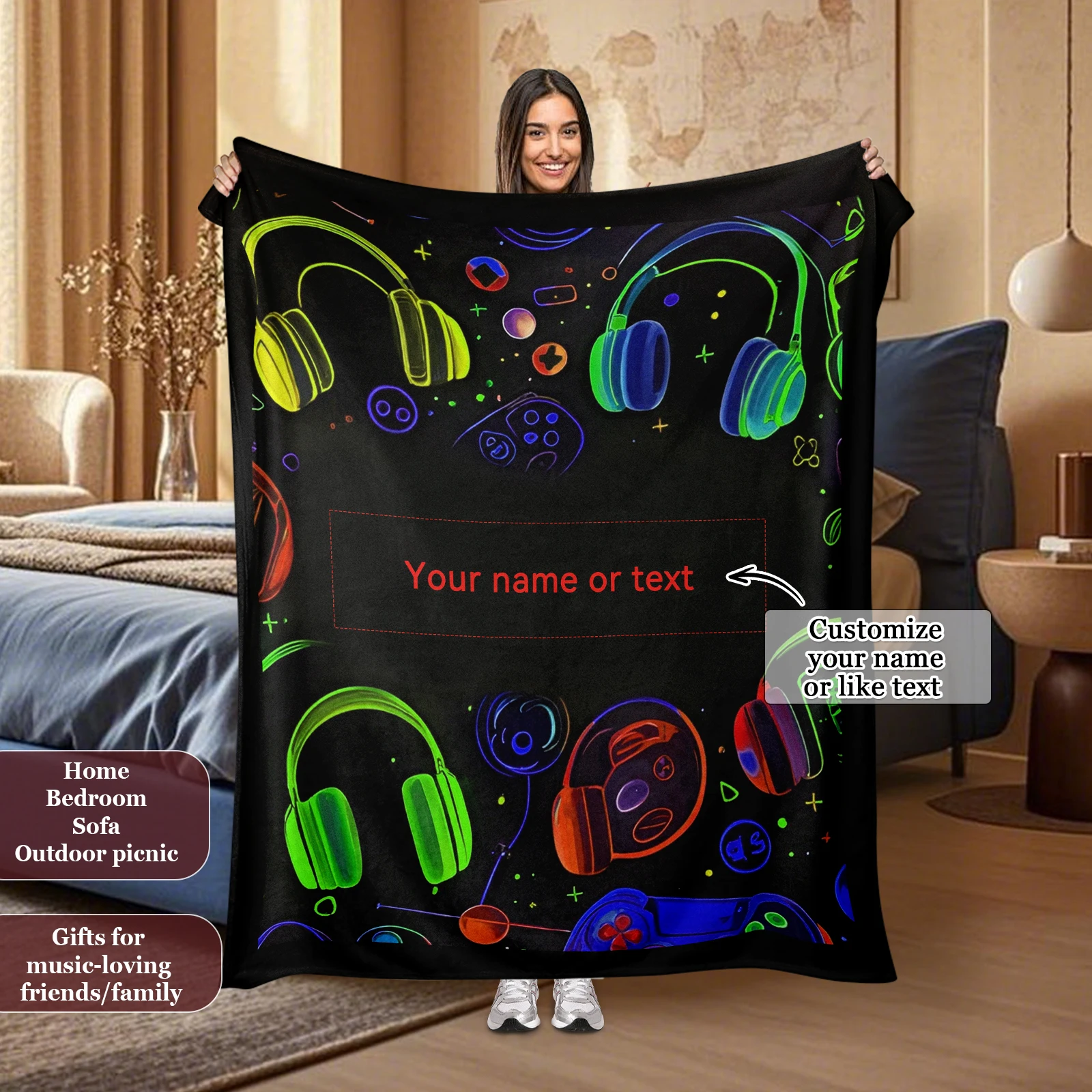 

Personalized Music Style Text Custom Blanket Customize With Favorite Text Or Name Creative Gift For Friend Family Sofa Available