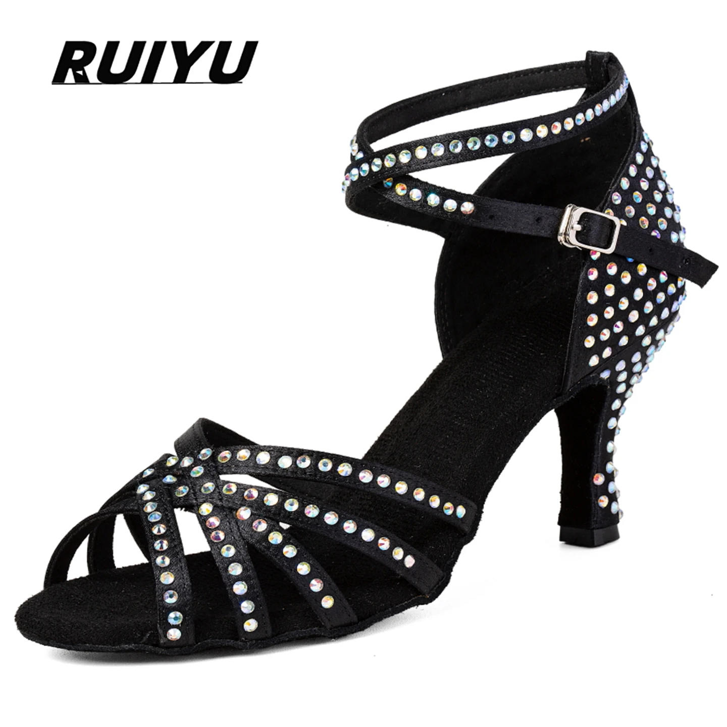 Women's Latin dance shoes, Salsa & Tango ballroom party shoes, black and bronze rhinestone high-heeled dance shoes for outdoor