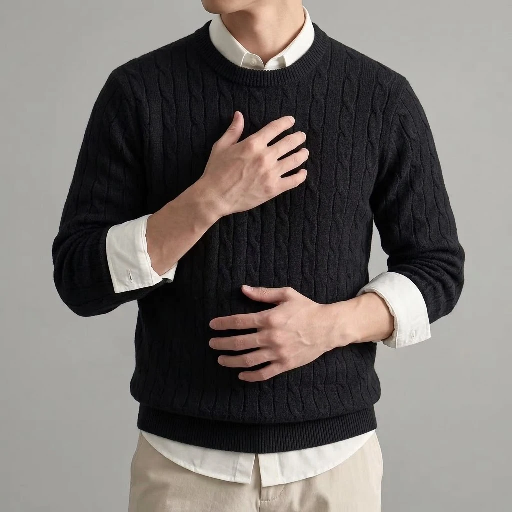 Herbstlicher Herren-Pullover mit Zopfmuster, langärmelig, lässig, Rundhalsausschnitt, weich, warm, gestrickt, für den Winter, Alltag, Streetwear – Detail 6