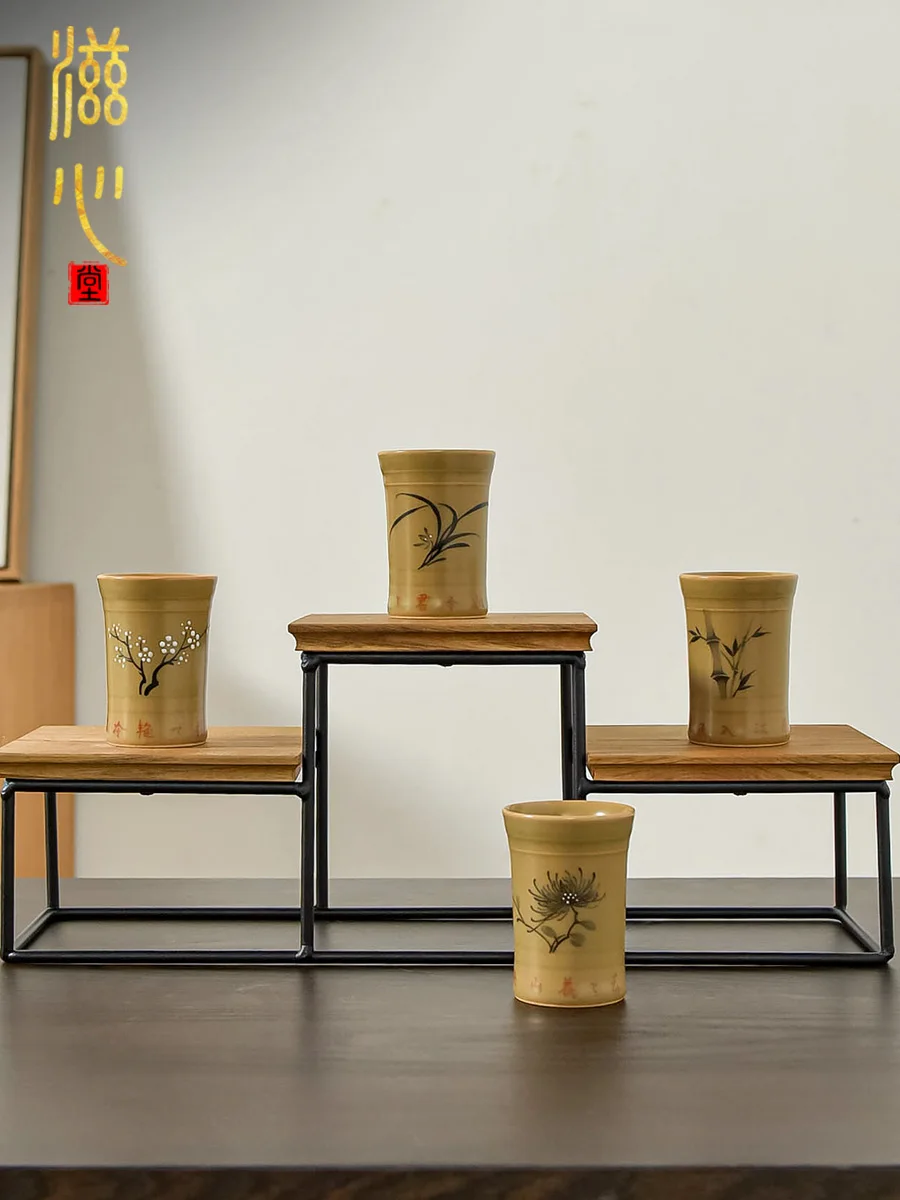 High-End Brown Glaze Hand-Painted Plum Blossoms Orchids Bamboo and Chrysanthemum Cup Personal Special Tea Set Porcelain Tasting