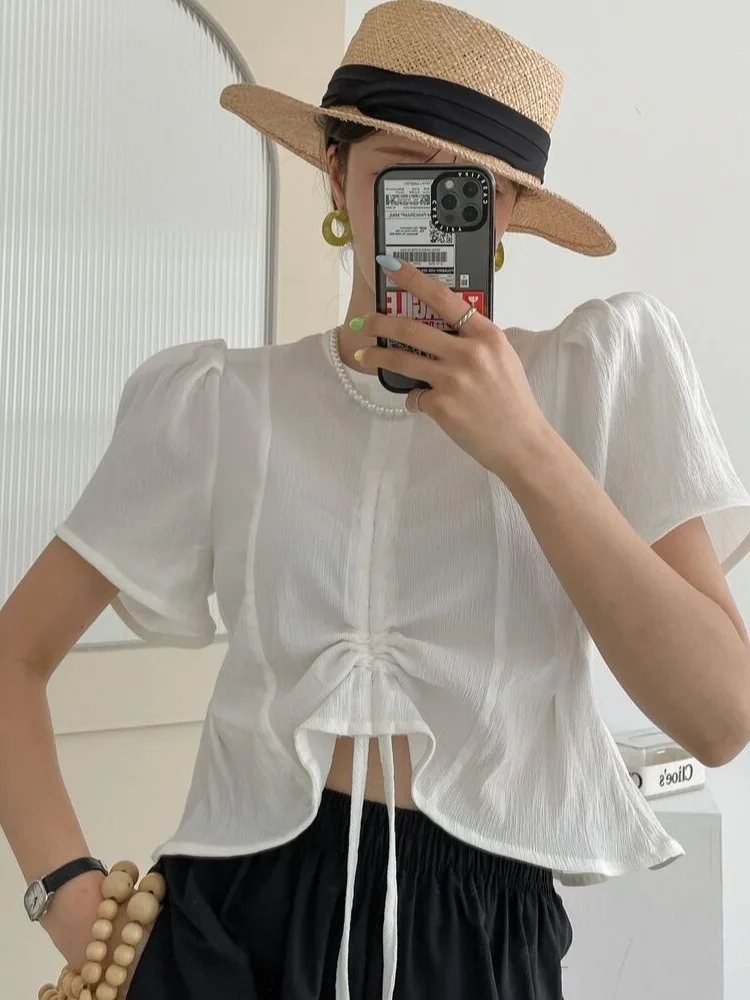 

Chic Summer ort Bubble Sve irt Dstring Waist Design Sensation Unique Design Sense Dstring Waist ort irt Top