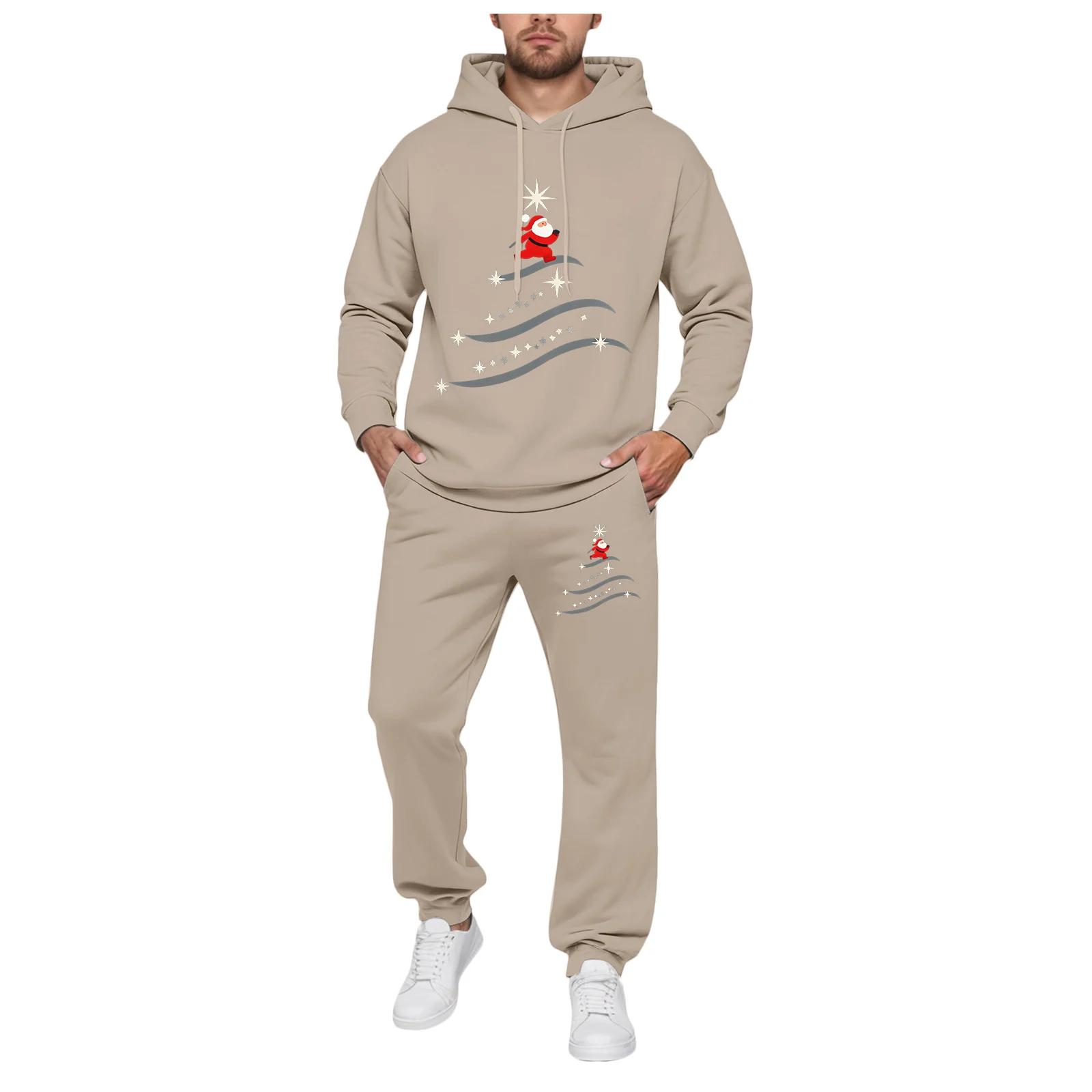 تان الرجال الدعاوى سليم صالح الرجال صوف مبطن مقنعين البلوز و بنطال رياضي مجموعة مع شجرة عيد الميلاد طباعة 3 قطعة جناح الرجال #5