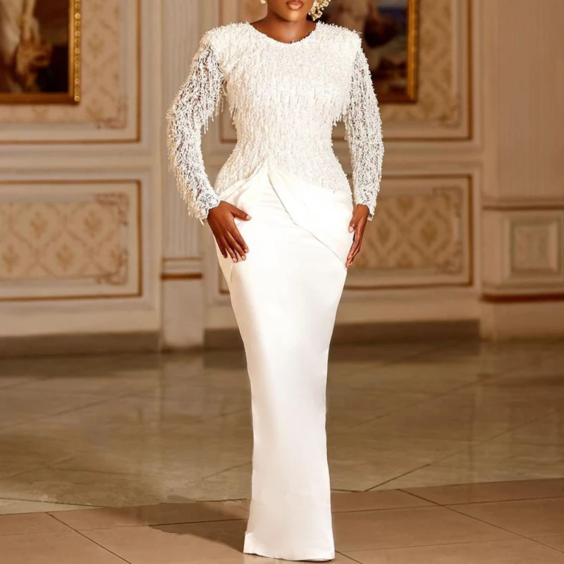 Afrikaanse Mode Vrouwen Witte Jurken Lange Mouw Ronde Hals Kwasten Kant Stiksels Midi Avondjurk Vestidos