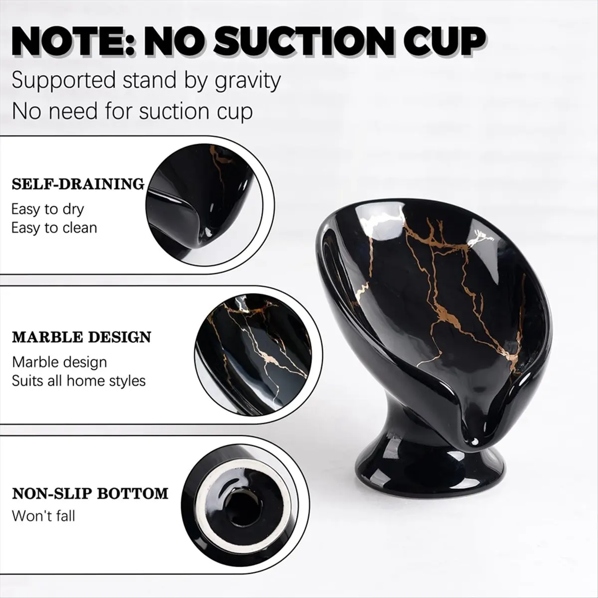 BHBL Soap Dish, Ceramic Soap Holder Self Draining Marble Look Leaf-Shape Soap Dishes for Bathroom,Black