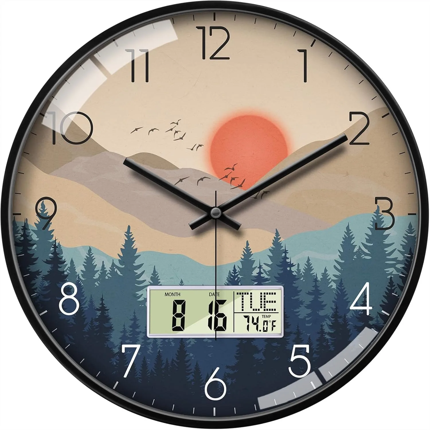 

12" Silent Wall Clock, Mid-Century Modern Wilderness Sunset, Battery Operated Analog with LCD Date Day Temp Display for Living
