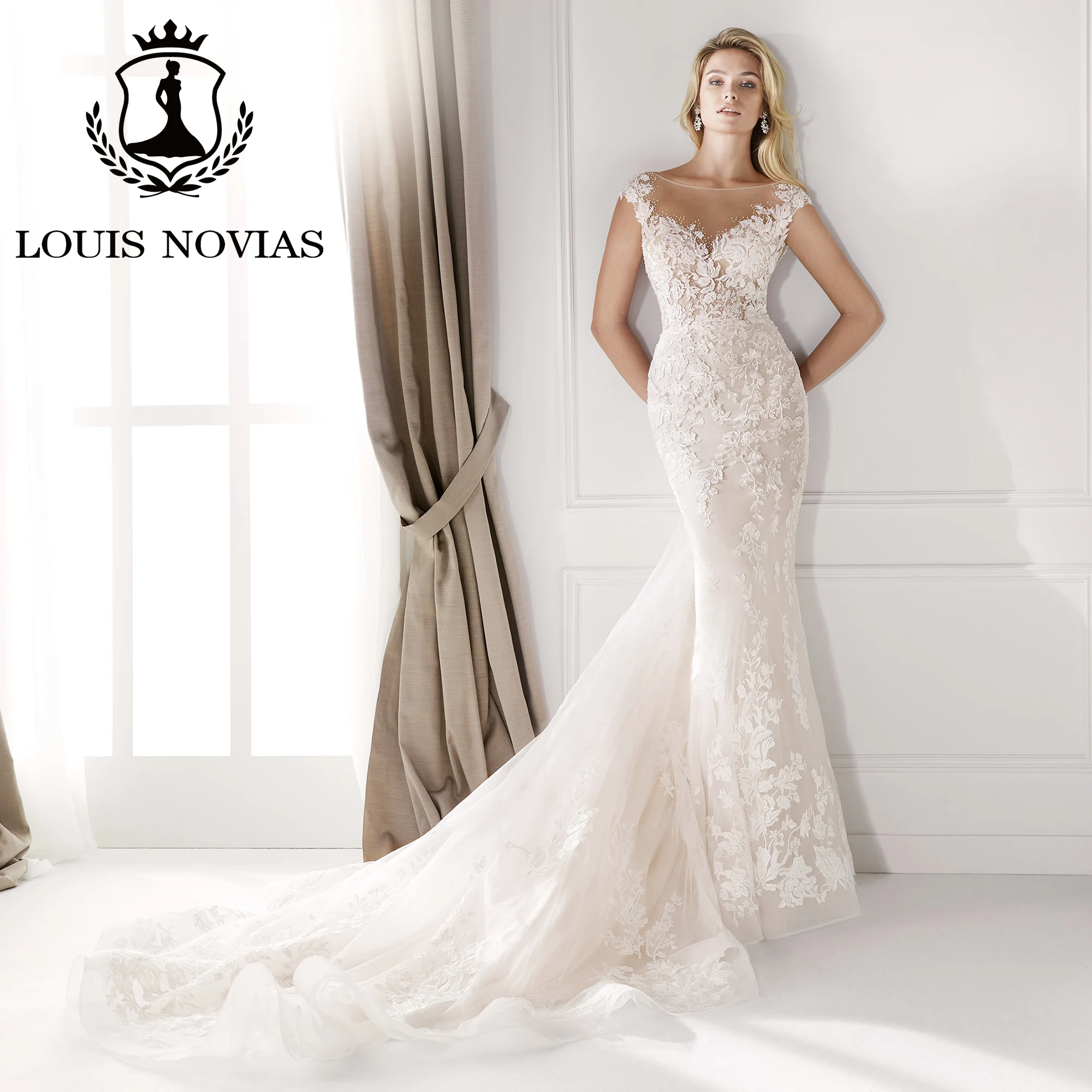 LOUIS NOVIAS ชุดเดรสเมอร์เมดสําหรับผู้หญิงเซ็กซี่เจ้าสาวแขนสั้น SCOOP Appliques ชุดแต่งงานเปลือย Vestidos De Novia