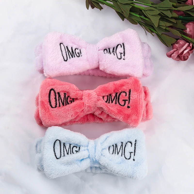 Coral Fleece OMG Letters Headband Plush Washing Face Hairband For Women Makeup Girls Bow Spa Headwear Popular Hair Accessories