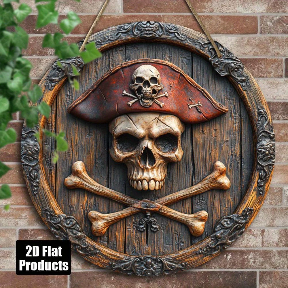 2D Flat, 2D Flat Design, Includes One Pirate Ship Steering Wheel and Skull Flag Wall Decoration, Round Wooden Vintage Nautical P