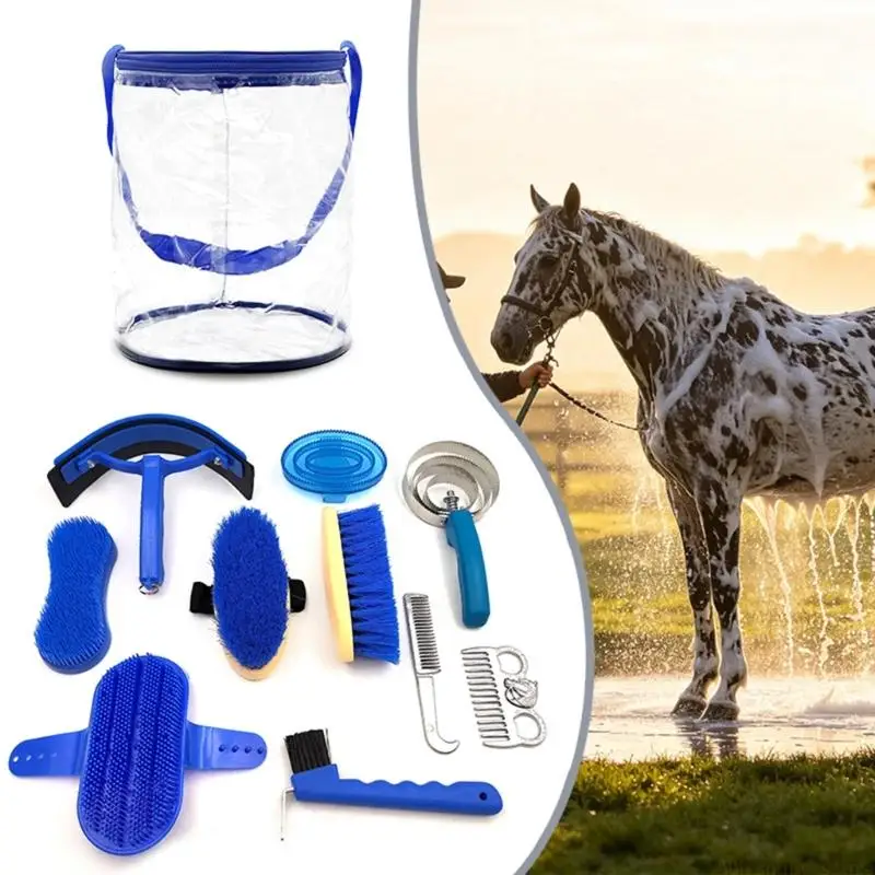 31BE Horse Care Grooming Set with Metal Shedding Tool, Hair Comb, Body Brushes, Foot Pick, and Zippered Carry Bag for Routine
