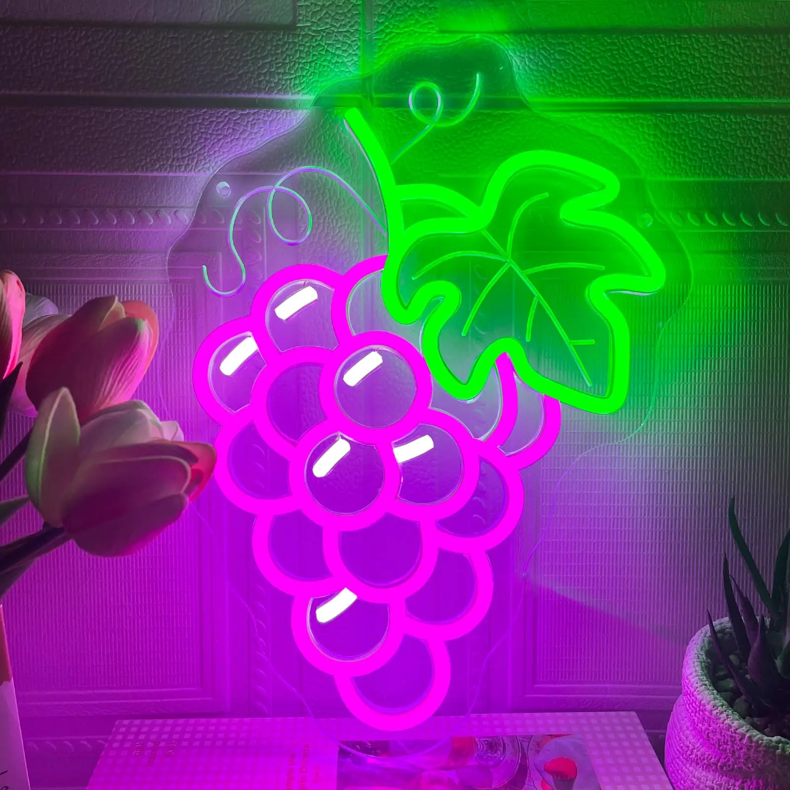 العنب النيون عكس الضوء الأرجواني الفاكهة تحت عنوان نابضة بالحياة LED تضيء للحائط غرفة الاطفال غرفة نوم مطعم بار الطرف #1