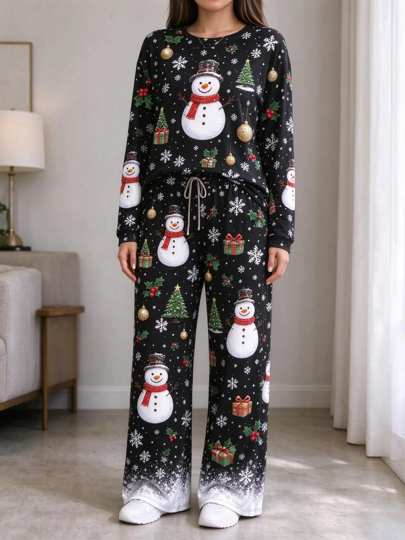 Women Imitation Cotton Loungewear Set Christmas Full Print Snowman Gnome Snowflake Heart Long Sleeve Pajamas