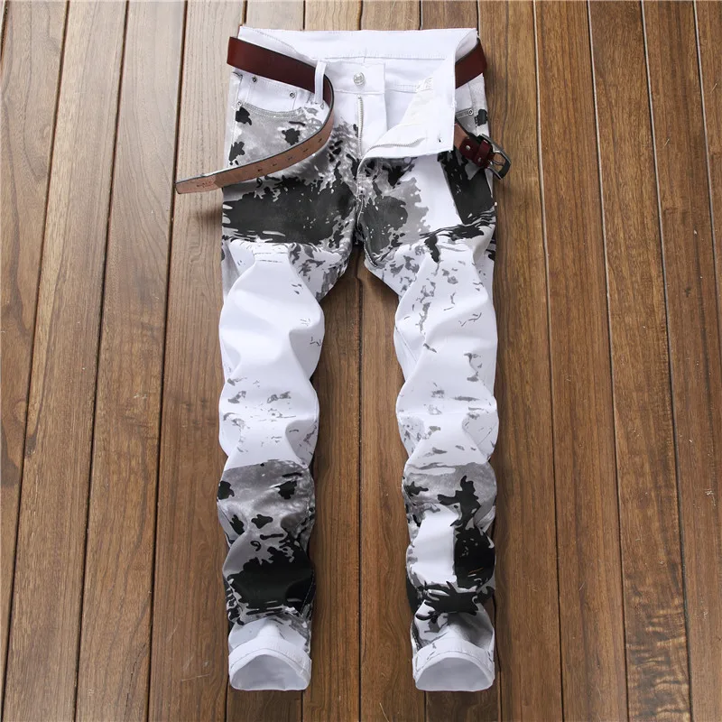 

Four Seasons Men's American White Printed Straight Skinny Jean Pants Casual Trendy Loose Dnim Trousers Male Plus Size Streetwear