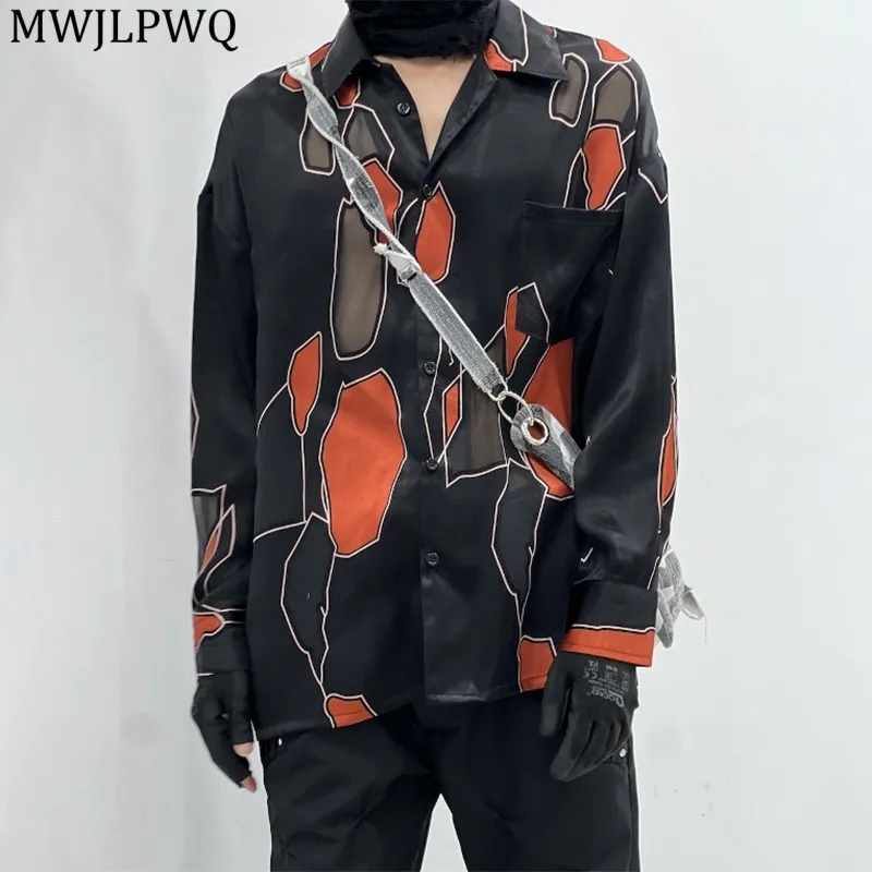 

MWJLPWQ Diamond Pattern Design Long Sleeve Shirts Men's High Street Lapel Single Breasted Unisex Loose Casual Tops Tide 11662