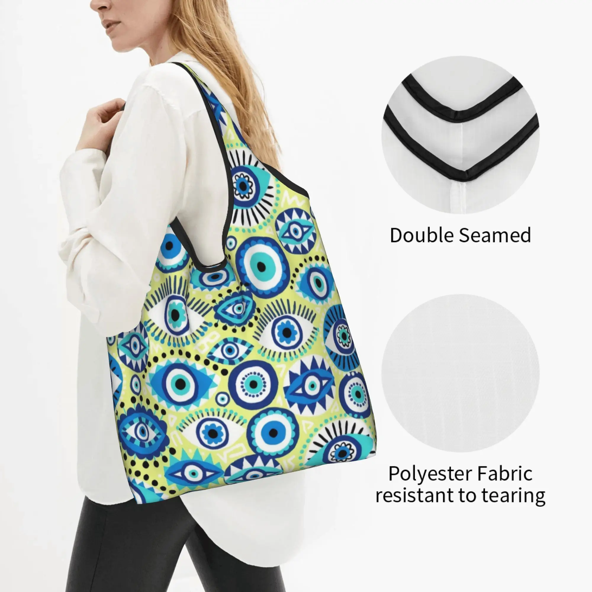 Recycling Watercolor Evil Eye Nazar Painting  Shopping Bag Women Tote Bag Portable Hamsa Lucky Charm  Grocery Shopper Bags