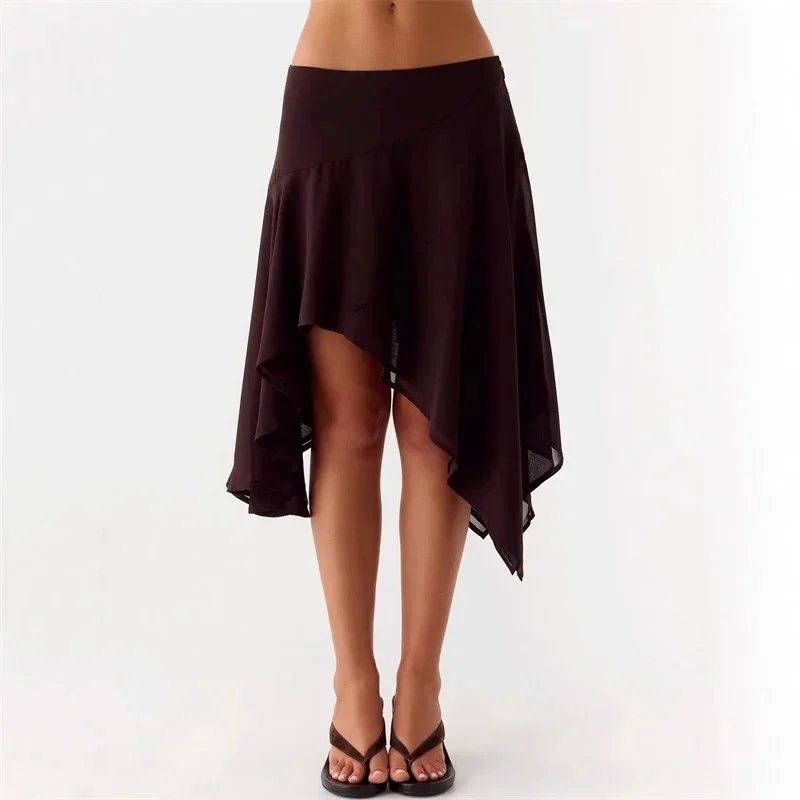 High Waist Irregular Hem Midi Skirt Summer Resort Casual Vacation Beach Boho Fresh Aesthetic For Women Teens Cute Holiday Gift