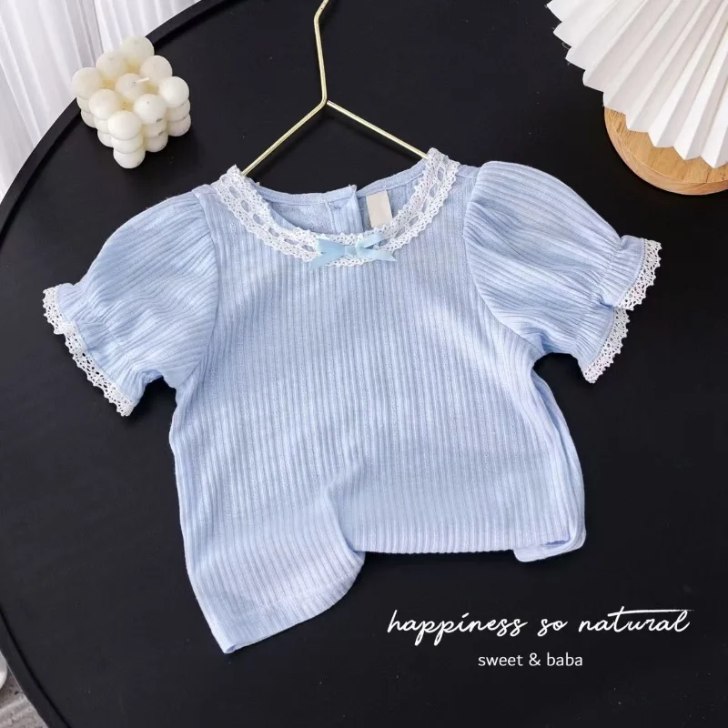 Fashionable Women's Baby Summer T-shirt Shorts 2-piece Set Cotton Crew Neck Lace Trimmed Korean Style Cute Children's Clothing
