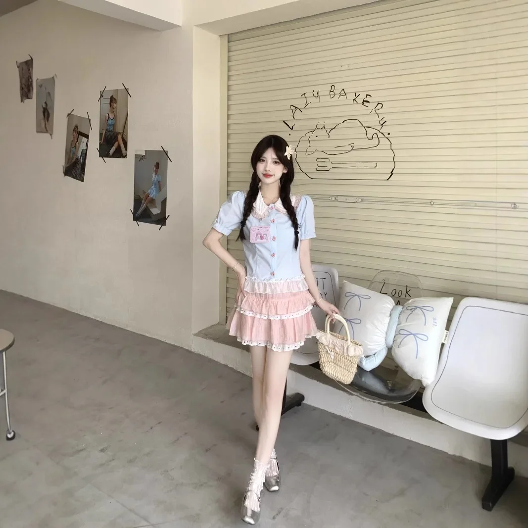 بالإضافة إلى حجم الحلو نمط Preppy الأزرق والوردي الاصطدام قميص أعلى بالإضافة إلى حجم المرأة الصيف الزي مجموعة مع كعكة تنورة قطعتين... #5