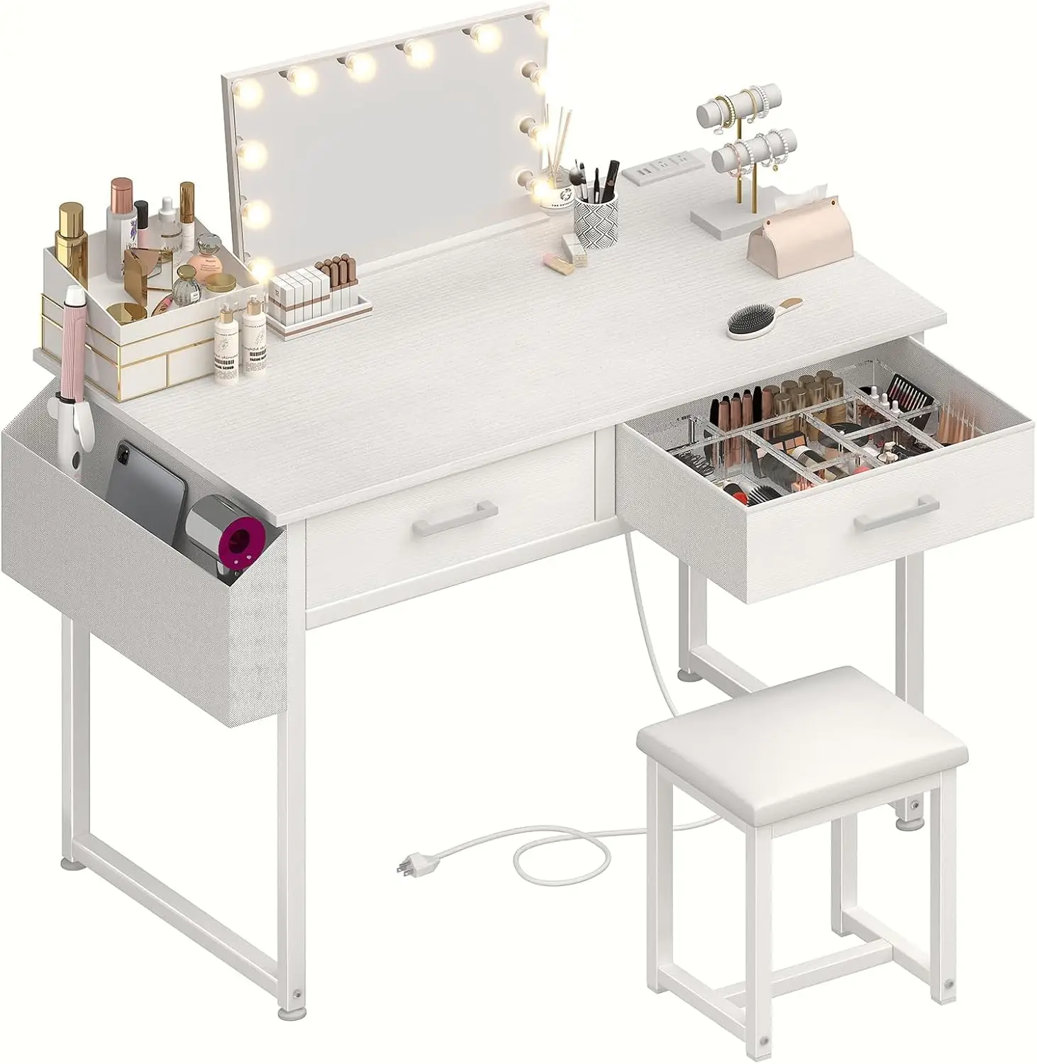 White Makeup Vanity Desk with Chair no Mirror, Small Vanity Table with Fabric Drawers, Power Outlet & Stool Without Mirror