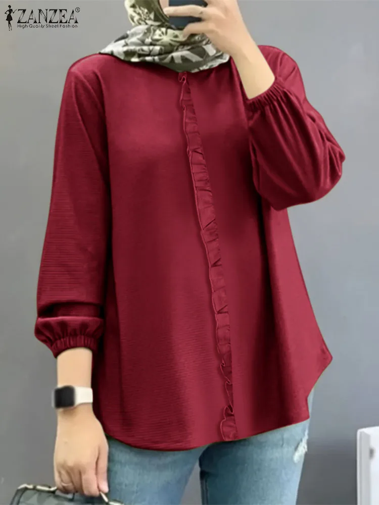 ZANZEA Fashion Lantern Sleeve Muslim Shirt Woman Vintage Solid Blouse Casual Fungus Ruffled Edge Busas Autumn Vintage Party Tops