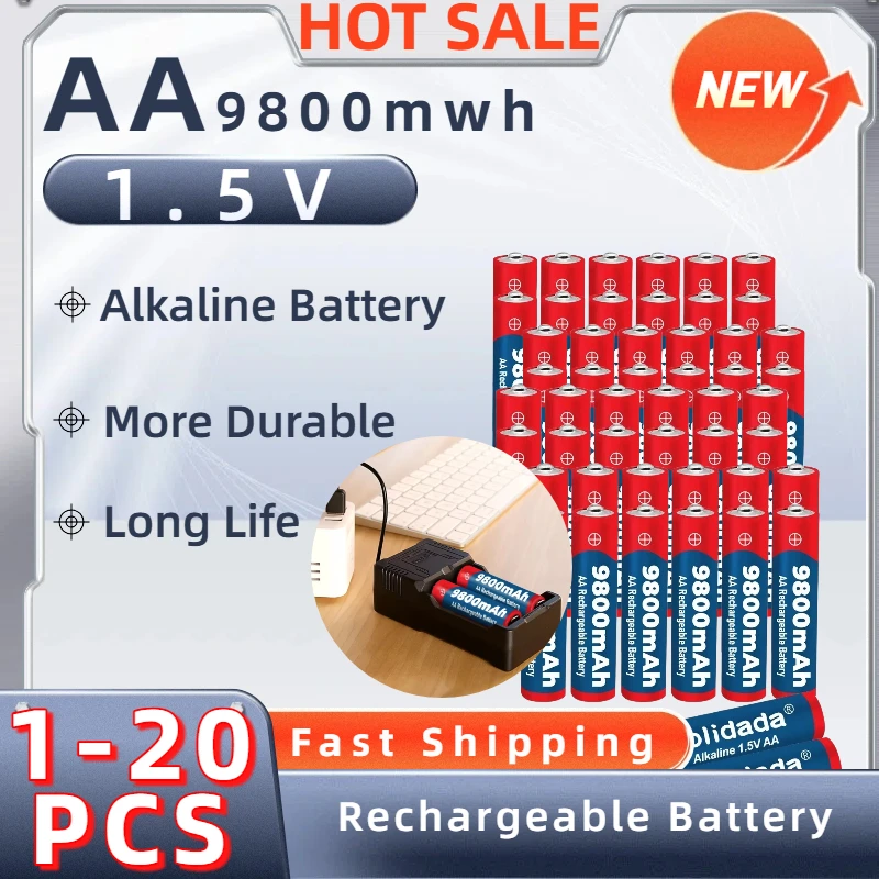 

1.5V AA 9800mAh High Capacity Alkaline Rechargeable Battery Durable for Microphones Toys Cameras LED Flashlights And More