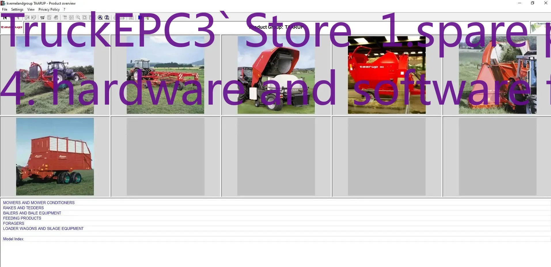 

Каталог сельскохозяйственных электронных запчастей TruckEPC3 Kverneland TAARUP