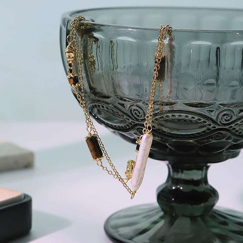 Natural Long Baroque Pearl Tiger Eye Stone Copper Block Necklace New Design Women's Necklace Gift Women's Jewelry GN0827