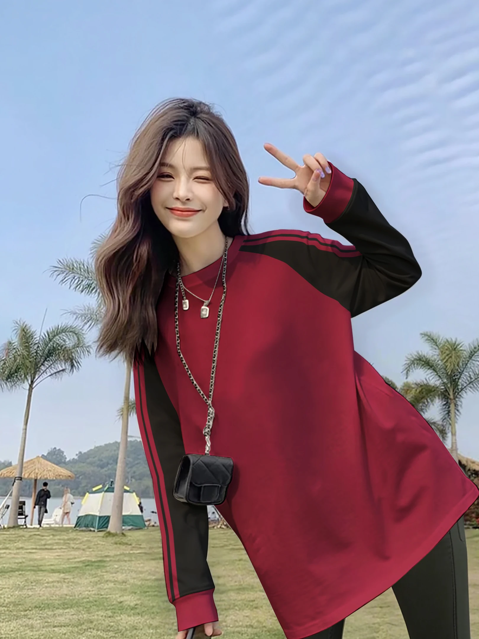 Loose Long Sleeve T-Shirt Women's Winter Fashion Retro Sport Top Wine Red Color Block German Velvet Casual Hong Kong Style