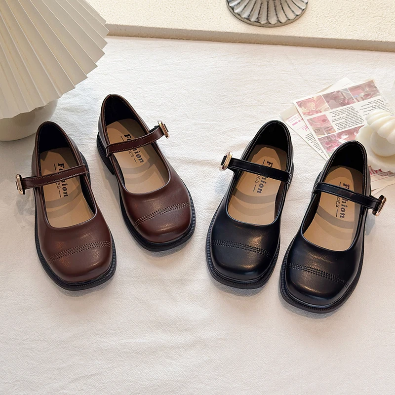 Autumn Girl's Mary Janes Square Toe Sewing School Kid's Flat Shoe Solid Colors Anti-slip Daily Versatile Chic Children Shoes