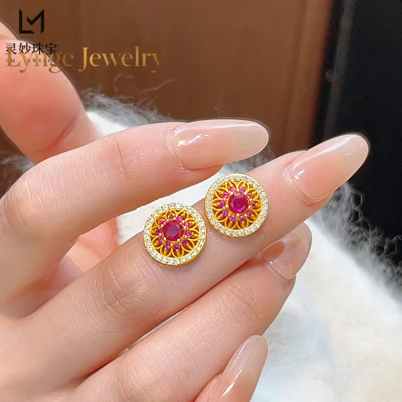 Lynge Jewelry Ancient method 24K real gold dot diamond hollow sun flower 9999 earrings flower earrings exquisite retro gift for