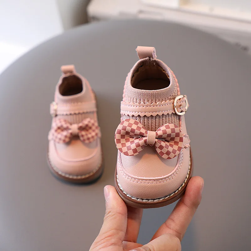 New Kids Casual PU Leather Shoes Soft Bottom Shoe with Butterfly Knots Toddler Girls Children Anti-slip Baby Flat Princess Shoes