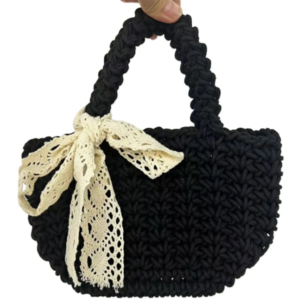 

Handmade Hollow Out Beach Straw Bag Large Capacity Elegant Knitted Handbag Tote Lace Bowknot Bucket Bag Holiday