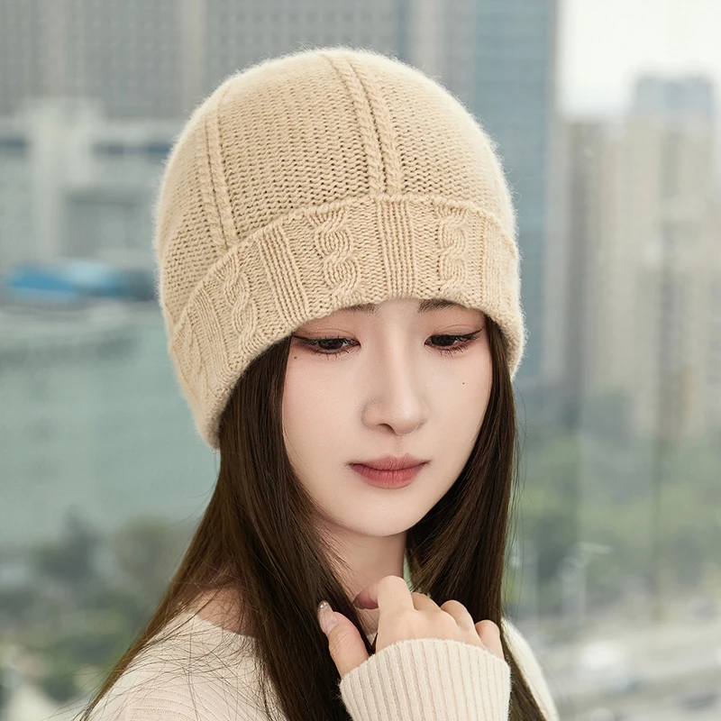 

Women's 100% Cashmere Pullover Hat Solid Color Thick Artistic Knitted Warm Ear Protection Autumn/Winter New Style