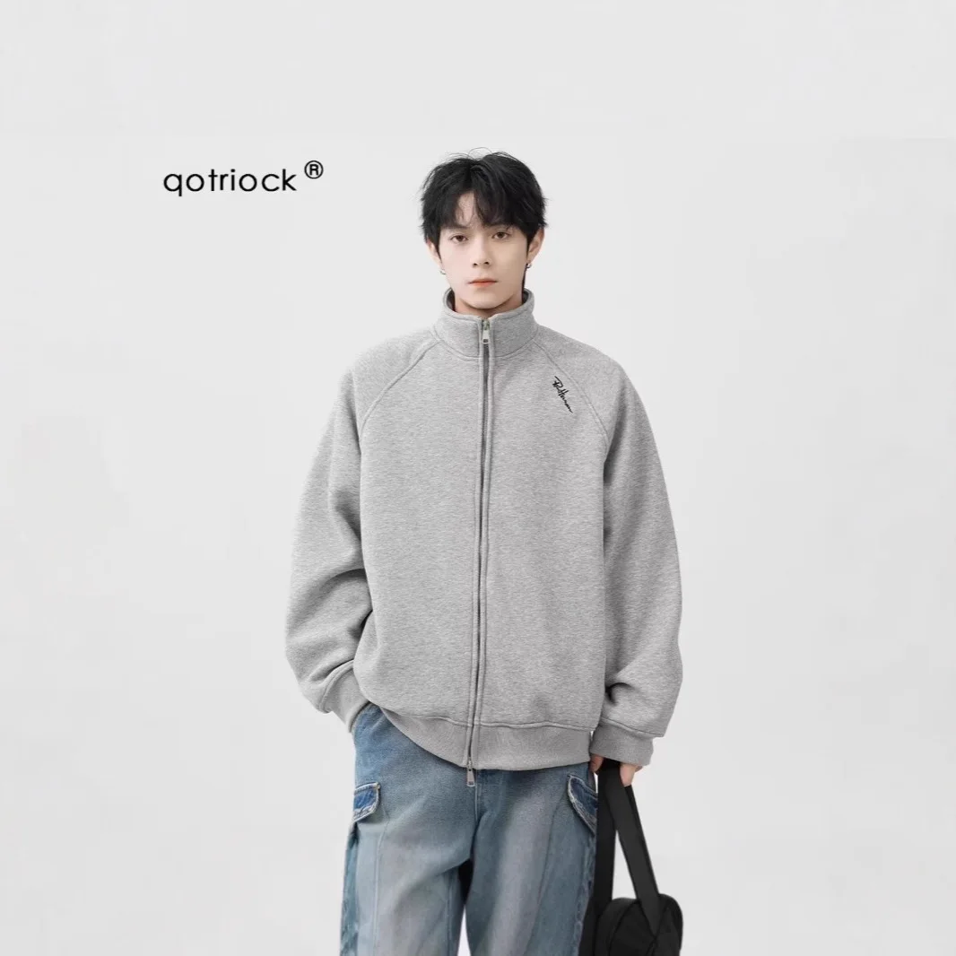 

Autumn Winter Sweatshirt Men's Japanese Retro Solid Color Jacket Loose Heavyweight Zip Hoodie With Stand Collar Casual Vibe