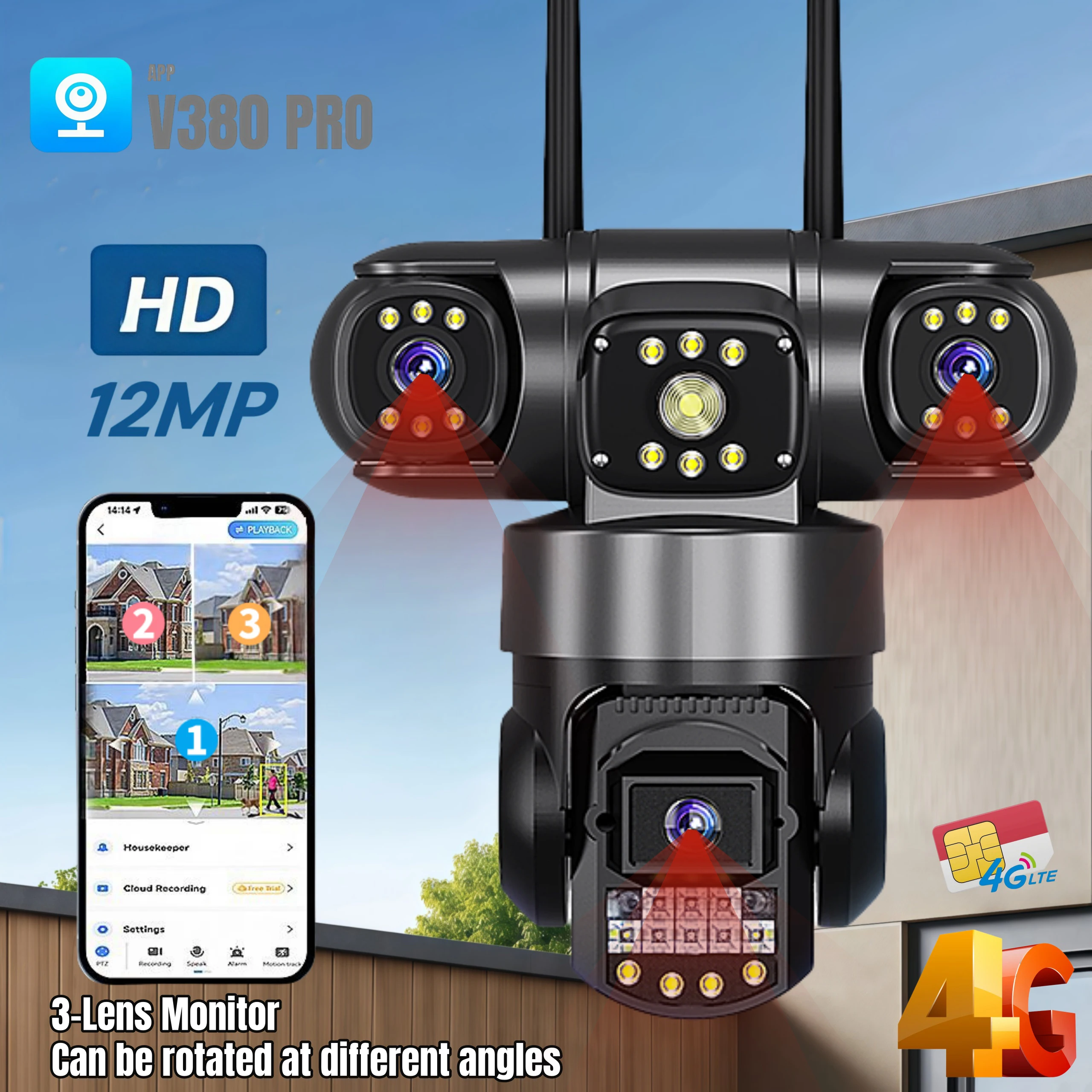 Outdoor Kamera 4G SIM Karte 12MP 6K Triple Objektiv Triple Screen Sicherheit Video Monitor PIR