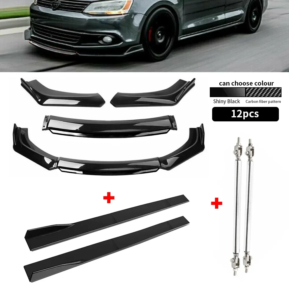 Car Front Bumper Lip Body Kit + 2 M ABS Spoiler Side Skirt Extensions + 2pcs Steel Bumper Lip Splitter Tie Rod Bars Auto Parts