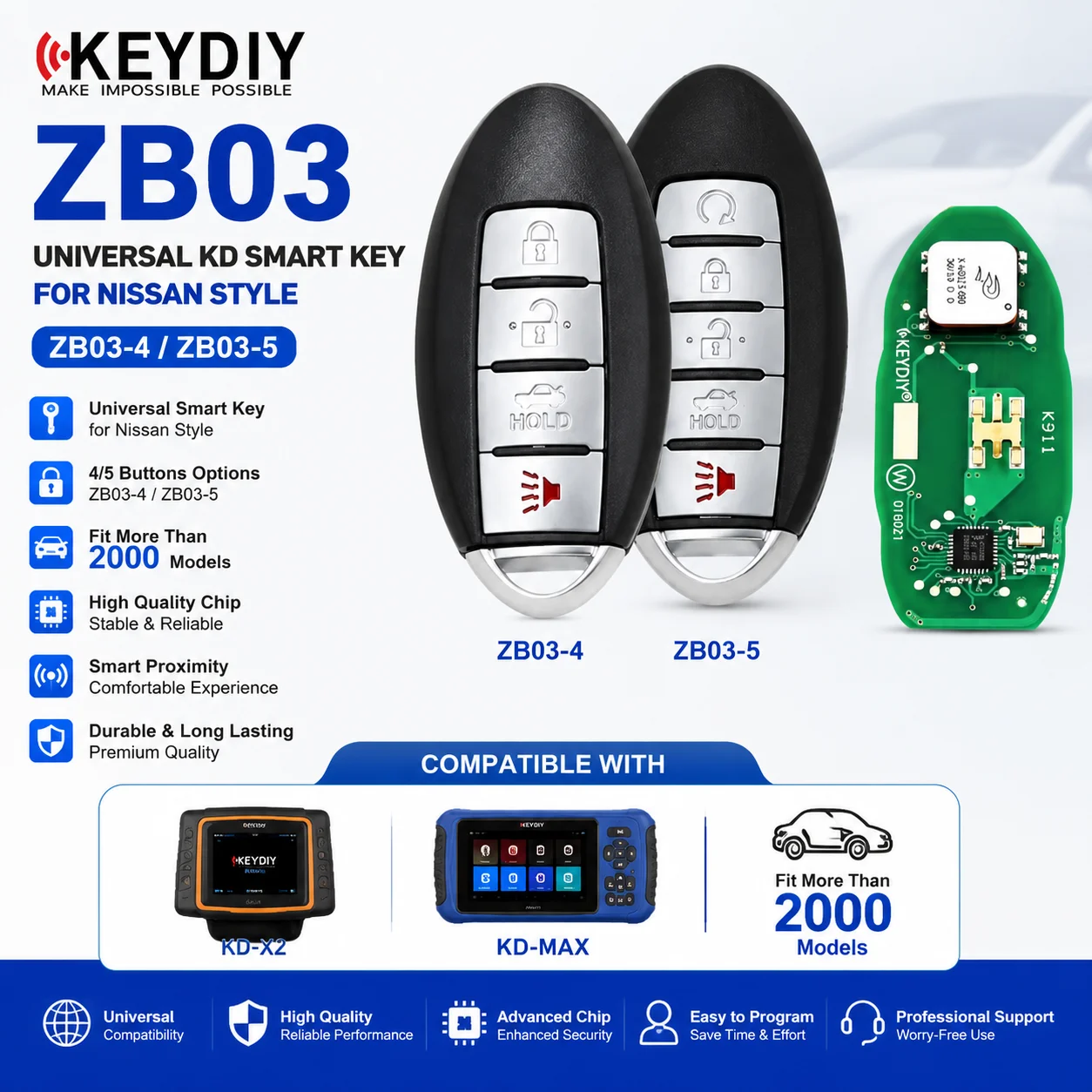 KEYDIY ZB03 Universal KD Smart Key for Nissan Style ZB03-4 ZB03-5 for KD-X2 KD-MAX Smart Key Remote Fit More Than 2000 Models