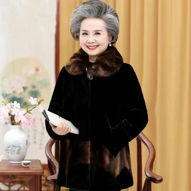 Winter Thick Warm Faux Fur Coat Grandma\'s Luxury High Quality Mink Fur Jacket Lapel Tops Large Size Loose Elderly Mother Parkas