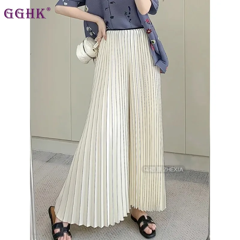 

GGHK 2025 Summer New Women Trousers High Waist Casual Loose Big Yards Folding Design Fashion Versatile Wide-legged Trousers