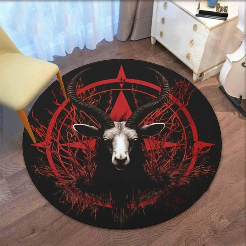 Gothic Goat Pentagram Round Area Rug Soft Carpet Dark Occult Satanic Symbol Print Mat for Bedroom Game Room Home Decor