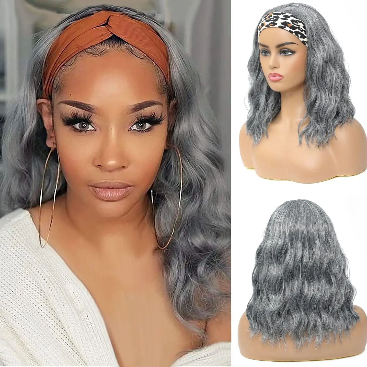 Headband Wig Short Wavy Wigs for Black Women Black Bob Wig Synthetic Natural Curly Shoulder Length Wigs 16 Inch for Daily/Party