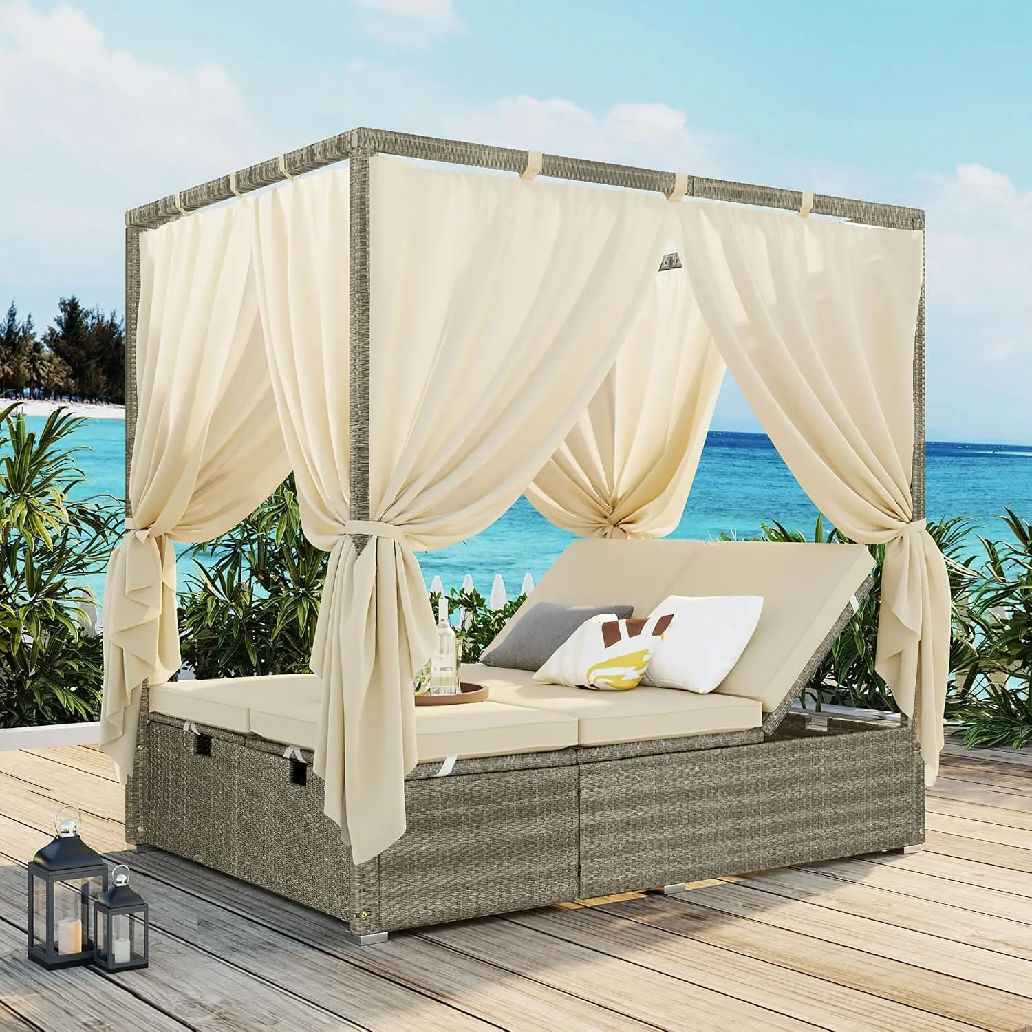 Outdoor Patio Wicker Sunbed with Adjustable Seats & Curtains, Beige, Customized