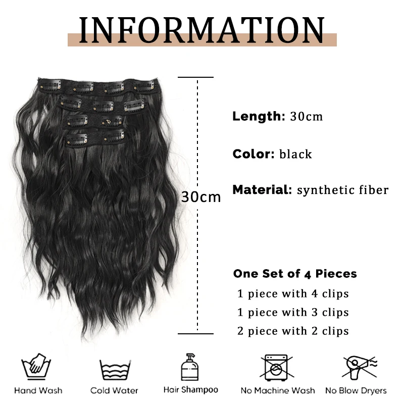 Clips in Hair Extensions Black  Wave shape Hairstyle Syn thetic Hairpieces Heat Resistant False Hair 12inches 135g