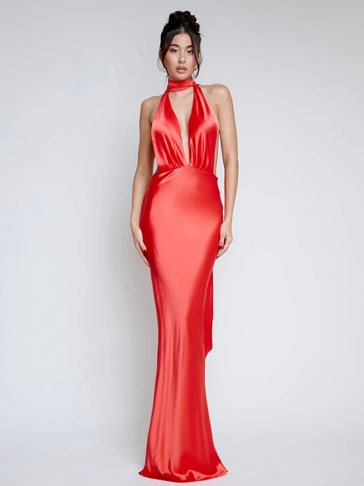 Articat-Deep V Backless Evening Dress for Women, Sexy Bodycon Dress, Satin Lace Up Flower Dress, Female Slim Party Night Clubwea